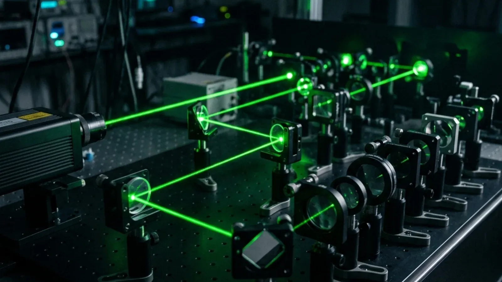 An ultra-sleek, precision optical table with a pristine array of geometric mirrors bending a single sharp green laser beam