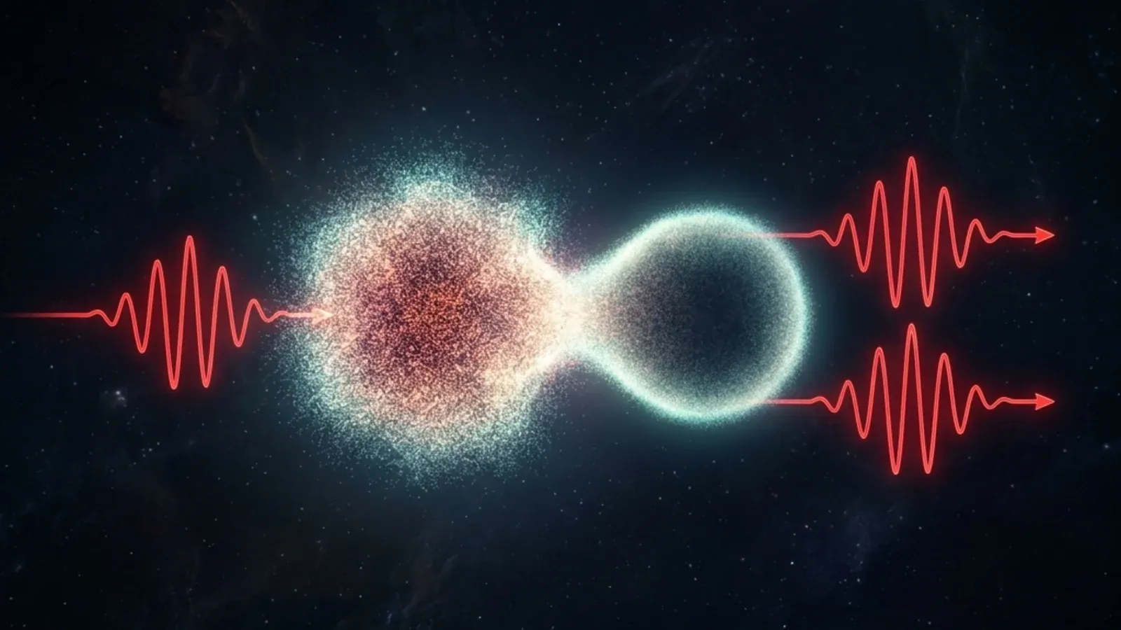 Quantum mechanical probability cloud of an atom being struck by a photon wave packet, emitting two identical photon wave packets