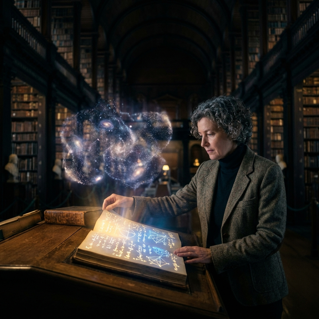 A vast dim library at night where a scientist reaches for a single glowing book on a shelf, and the book is already open to a page of luminous mathematics that exactly matches the ghostly image of galaxies and atoms floating above the reading table