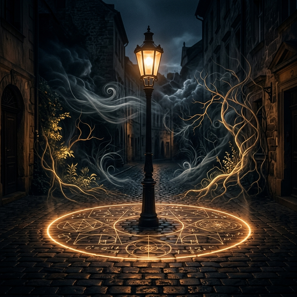 A lone vintage streetlight on dark cobblestones at night casting a perfect circle of warm light filled with neat glowing equations, while all around the circle the darkness is dense with faint, tangled, uncompressed patterns - storms, roots, faces - that the light does not reach