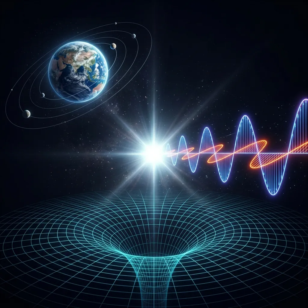 A single glowing point of light at the centre branching outward into three tableaus - an orbiting planet, a rippling electromagnetic wave, and a curved spacetime grid - all radiating from the one source