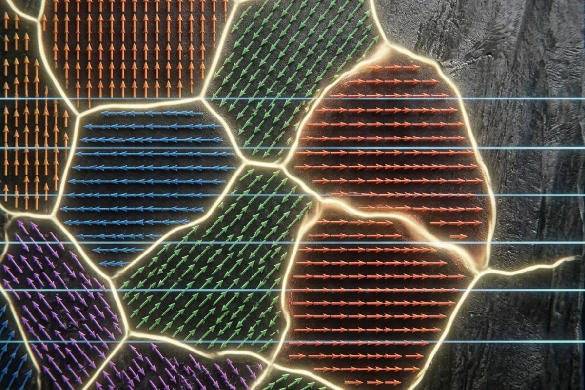 Cross-section of iron showing magnetic domains with arrows pointing in different directions, some growing under an external field