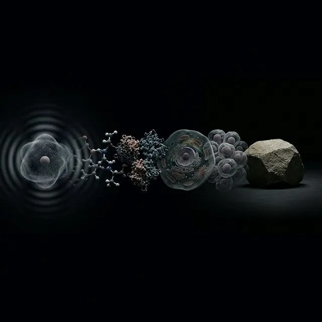Scale comparison from subatomic particles showing quantum behavior to everyday objects appearing classical