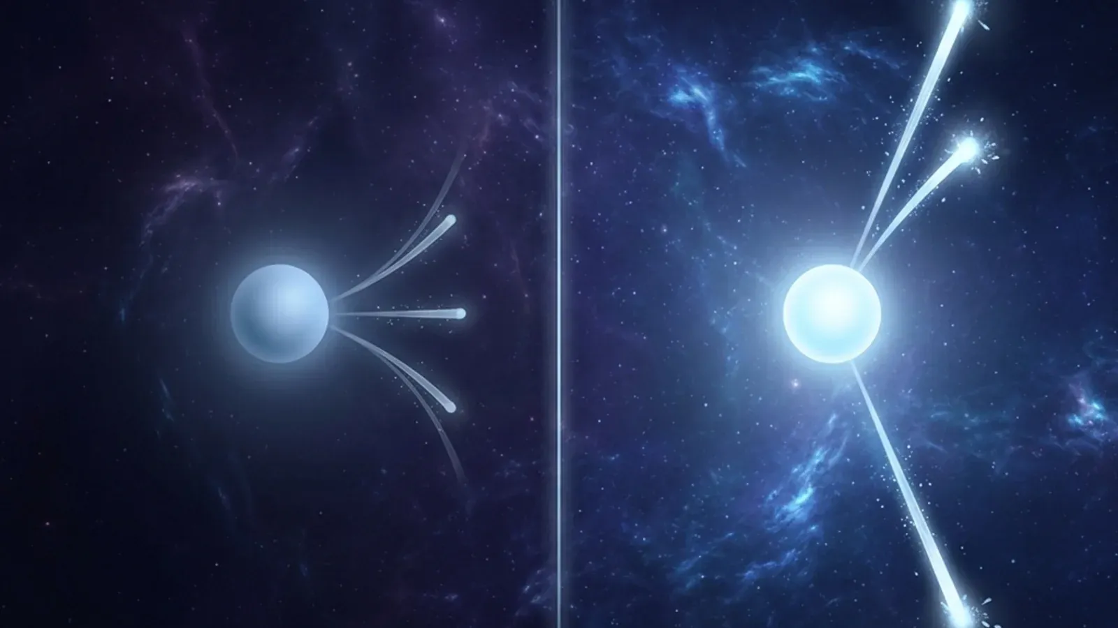 Side-by-side decay diagrams showing kaons and anti-kaons decaying into the same final state at slightly different rates - the visible signature of CP violation
