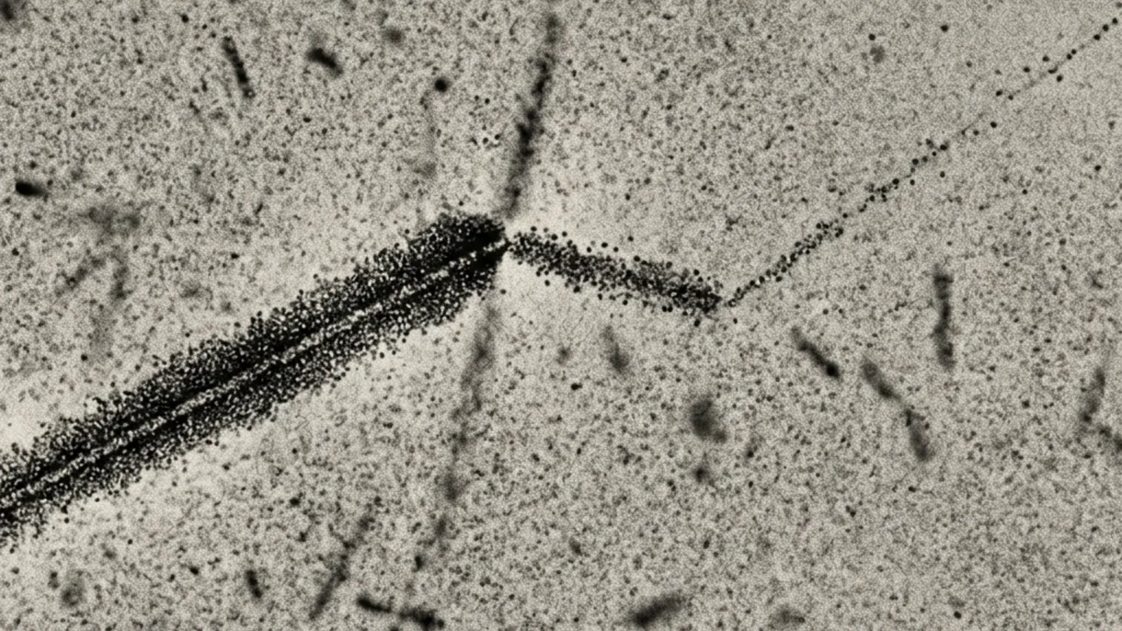 A magnified view of a 1940s photographic emulsion plate showing the classic pion-muon-electron decay chain