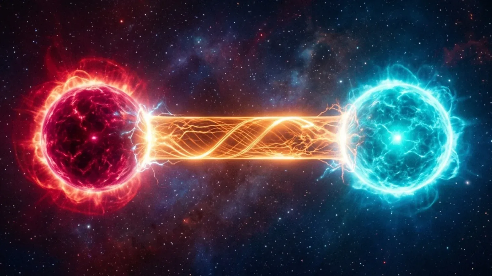 A quark and an antiquark connected by a glowing tube of gluon-field energy