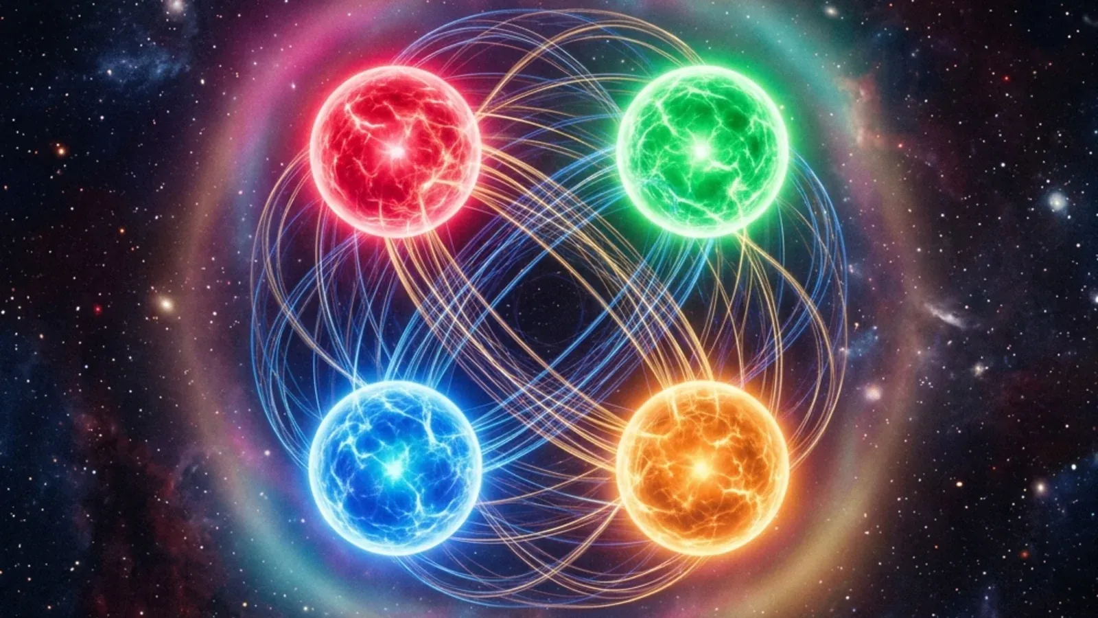 Four quarks bound together by gluon flux tubes - a tetraquark - shown as a small cluster of constituents