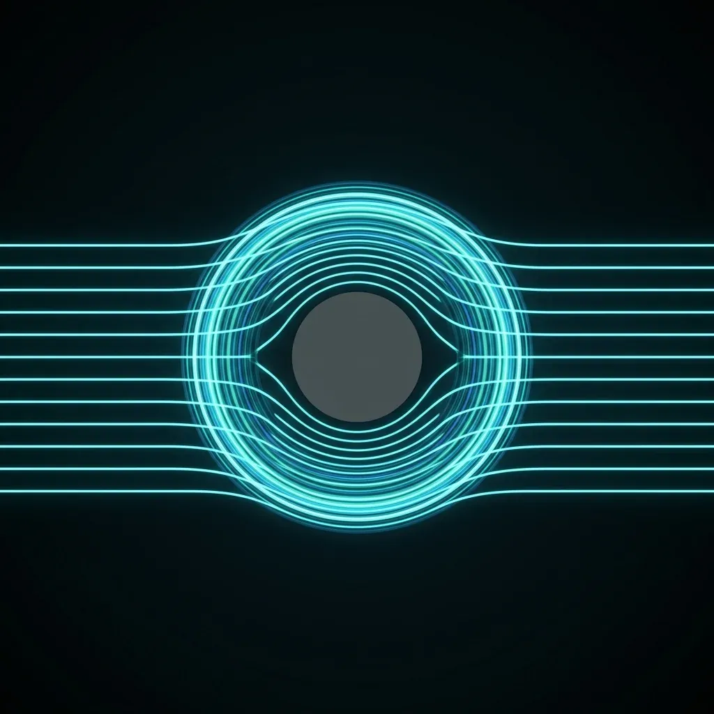 Top-down view of a circular cloaking shell &ndash; parallel cyan wavefronts approach from the left, curve smoothly around a central forbidden region rendered as a dark grey circle, and re-emerge on the right as straight parallel wavefronts continuing as if undisturbed