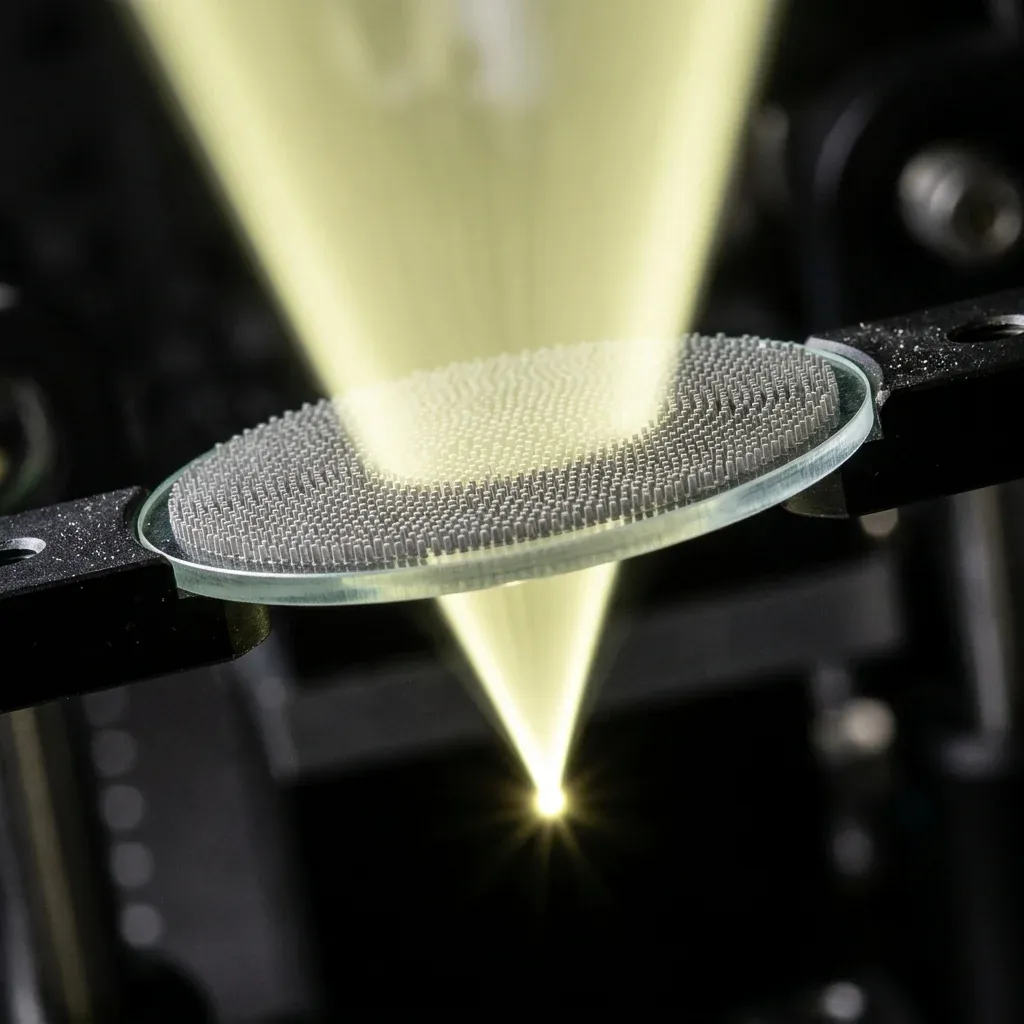 Tilted three-quarter view of a flat circular metalens &ndash; a coin-thin disc of glass densely covered with silicon nanopillars of varying heights &ndash; with a wide cone of pale yellow light entering above and converging sharply to a single bright focal point below