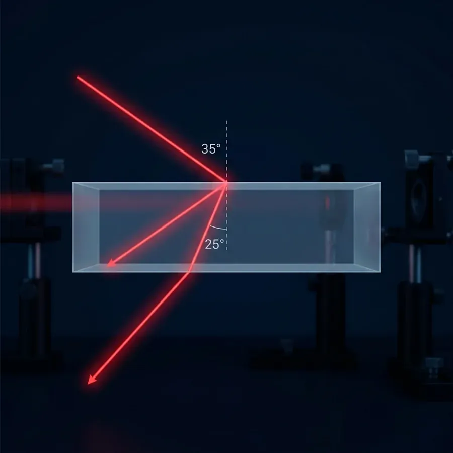 A flat slab of translucent metamaterial viewed from the side &ndash; a red beam enters from the upper-left, bends toward the incoming side of the vertical normal line as it crosses the upper surface (the wrong direction for ordinary materials), travels through the slab at this odd angle, then exits from the lower face at a symmetric angle