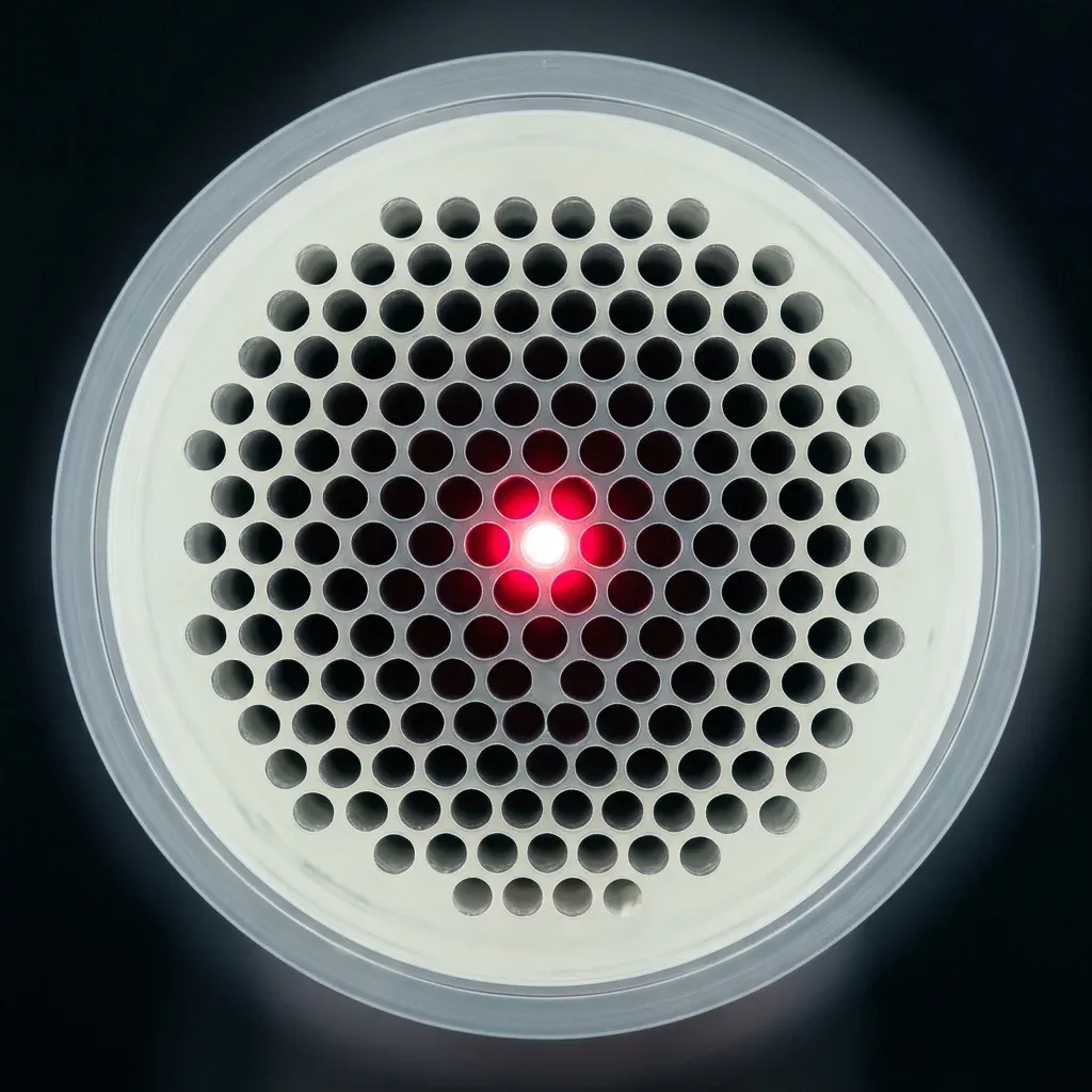 End-on macro view of a single optical fibre cross-section &ndash; a hexagonal pattern of tiny air holes drilled through pale silica glass, with one extra hole or missing hole at the very centre glowing bright red where guided light is confined