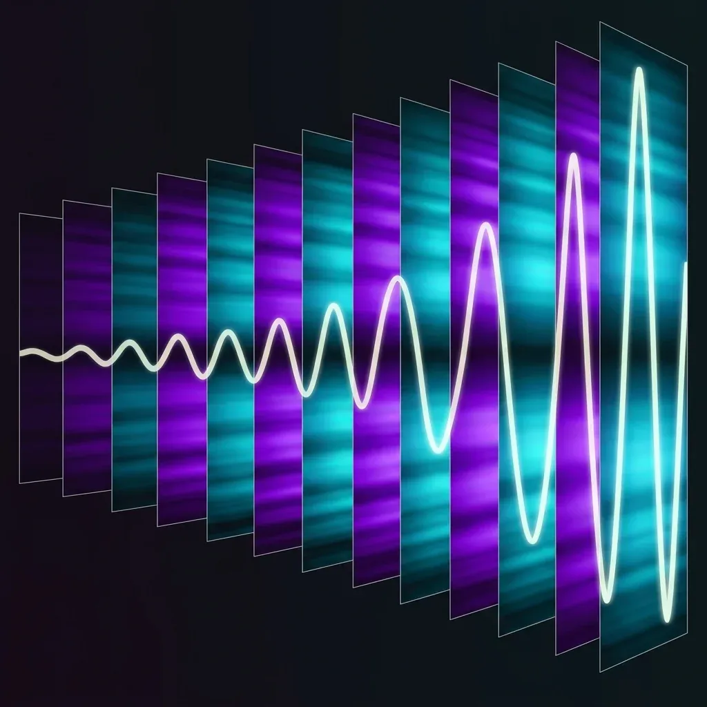 Abstract scientific illustration of a region of space whose refractive index visibly flickers between two states in time, rendered as alternating violet and cyan banded frames stacked along a horizontal time axis &ndash; a pale wave enters at low amplitude and grows exponentially as it propagates through