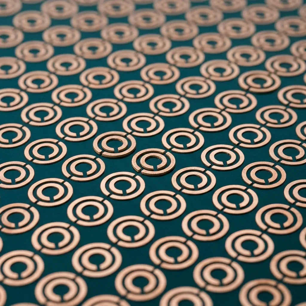 Macro three-quarter photograph of a copper split-ring resonator array fabricated on a dark teal dielectric board &ndash; each meta-atom is a tiny copper C-shape paired with a nested ring, tiling across the entire frame in a regular grid