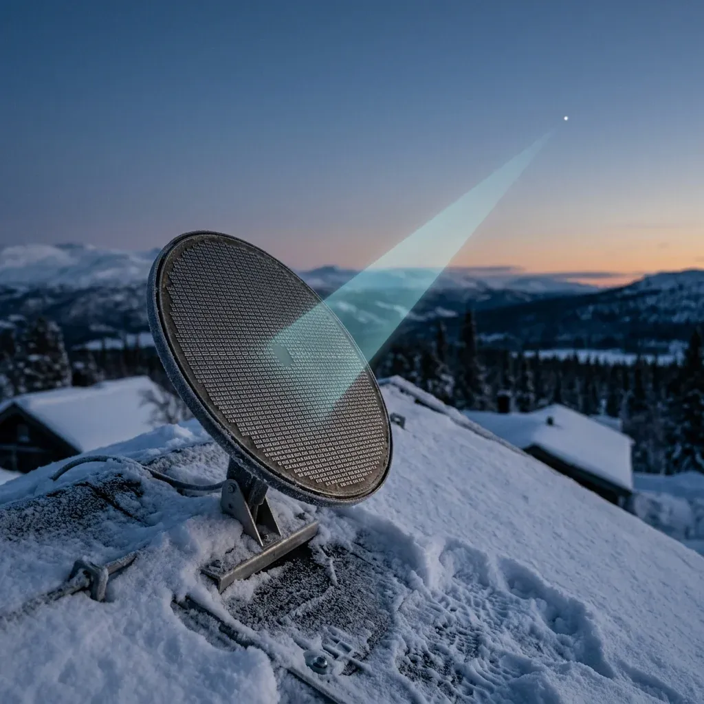 Closeup of a flat circular satellite terminal mounted on a snowy rooftop, tilted slightly toward the sky &ndash; the upper surface is a finely tiled array of tiny rectangular metallic elements with a faint pale cyan cone of radio energy emerging diagonally toward a bright satellite dot in the upper-right sky
