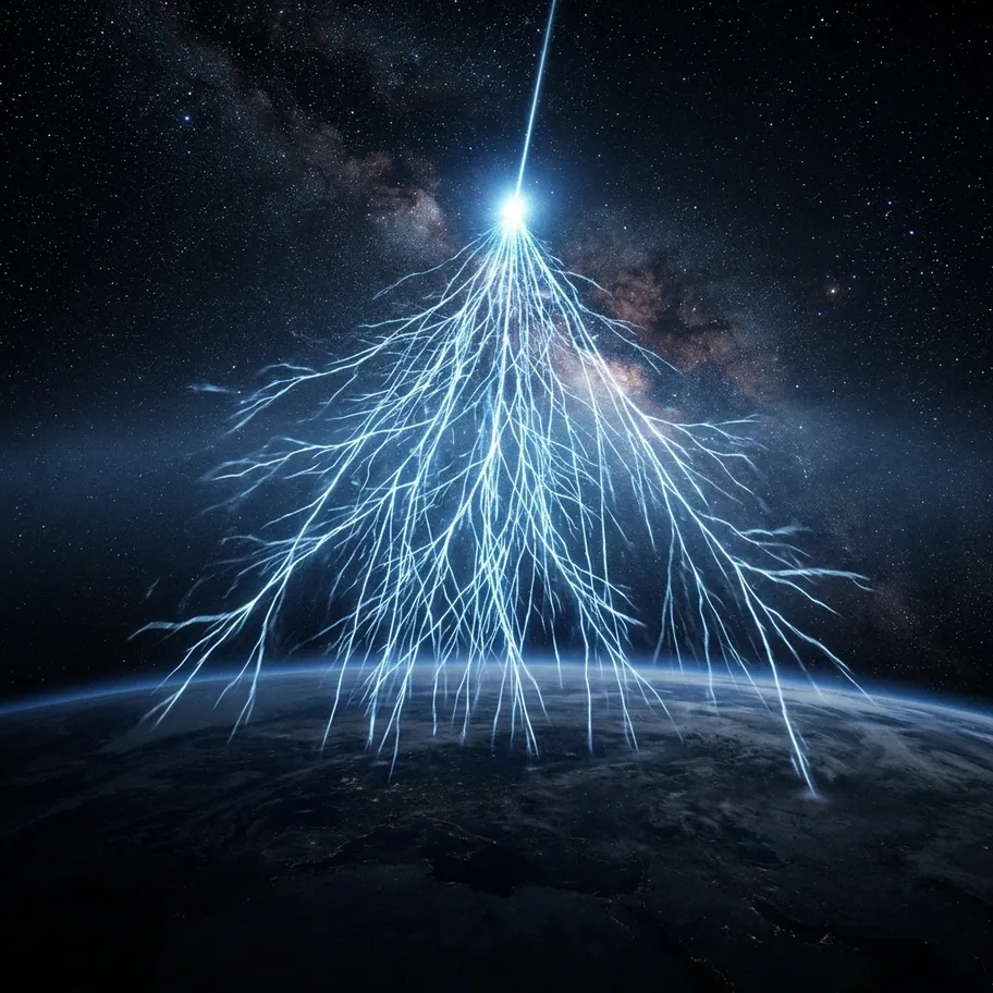 Cosmic ray particle cascade showering through Earth's atmosphere