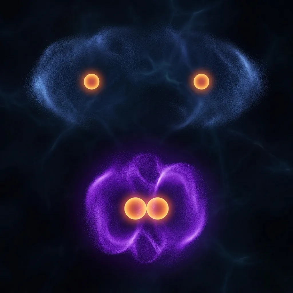 Quantum field comparison showing wide electron probability cloud versus tight muon probability cloud around hydrogen nuclei