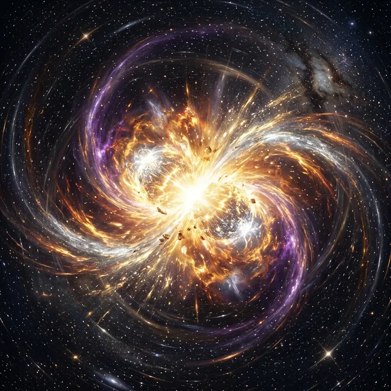 Two neutron stars merging with golden debris exploding outward forging heavy elements