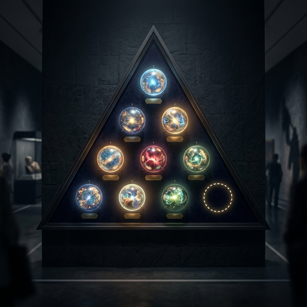 A dark museum wall displaying a large triangular arrangement of glowing particle specimens pinned like butterflies in a collector's case, nine spheres luminous and one corner slot empty with only a bright dotted outline where the missing specimen belongs