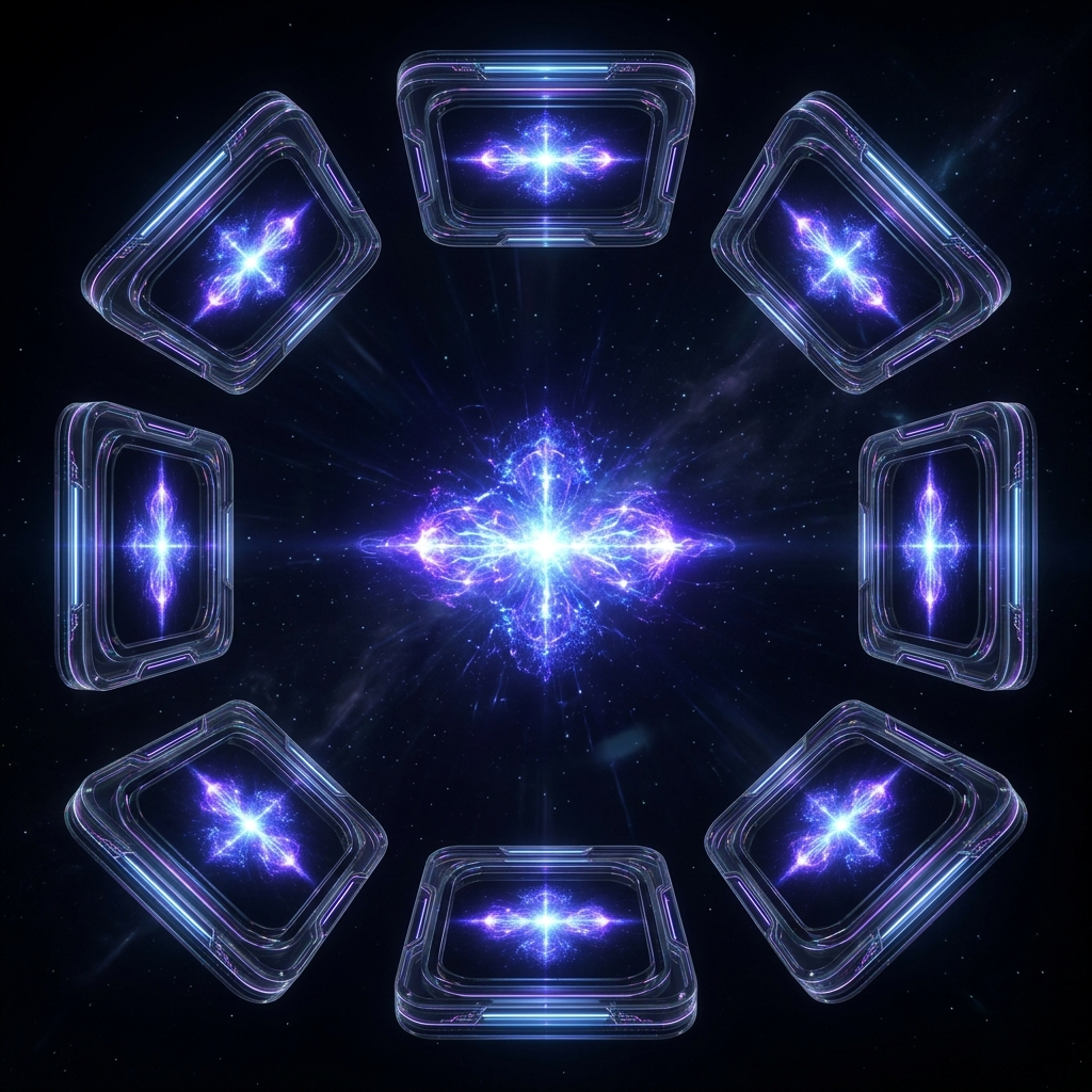 A single glowing laboratory tabletop experiment seen simultaneously through many large crystal facets arranged in a ring, each facet showing the same experiment shifted, rotated or tilted, all views burning with identical light