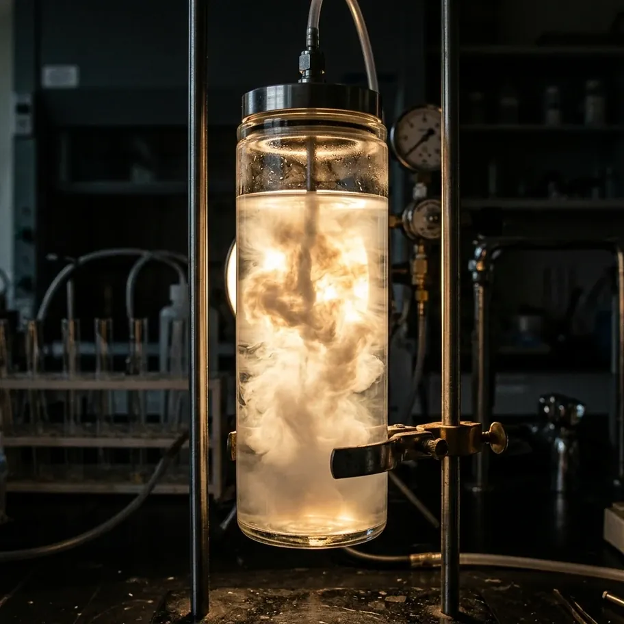 Fluid at critical point becoming milky and opalescent as density fluctuations scatter light
