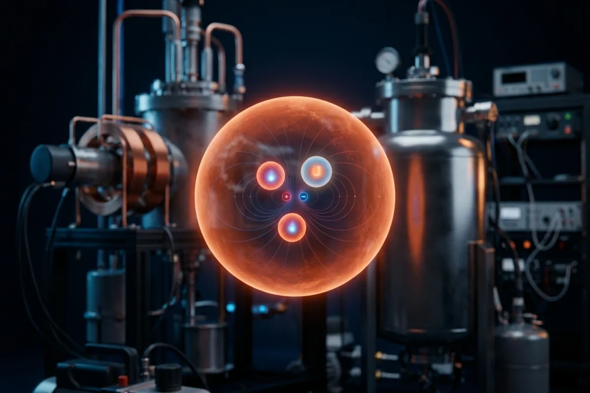 A neutron with a vanishingly small separation between its positive and negative charge centers, visualized against an experimental apparatus sensitive to electric dipole moments