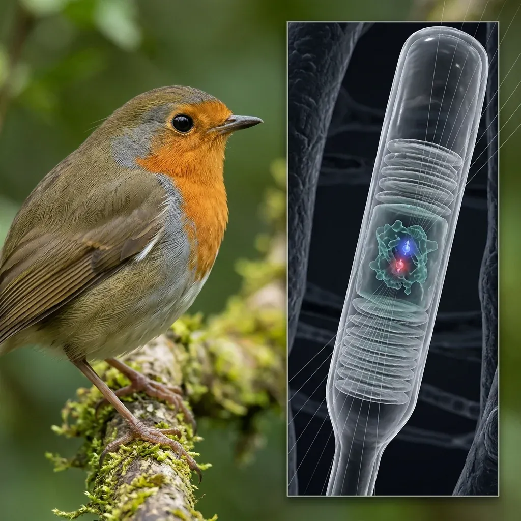 Closeup composite of a European robin in profile on the left, with an extreme magnification inset on the right showing a single retinal rod cell containing a faint translucent blue-green cryptochrome protein with two tiny radical pair atoms glowing blue and red, traversed by faint Earth-magnetic field lines