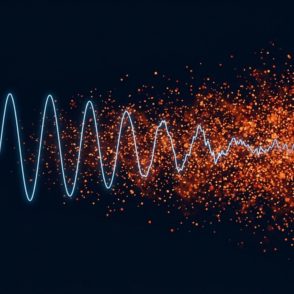 Abstract scientific illustration of a single sharp oscillating sinusoidal wave entering from the left, crisp and clean, with surrounding orange-red thermal noise particles bombarding it as it moves rightward, the wave's amplitude steadily decaying and its phase becoming jittery until it is almost lost in the noise