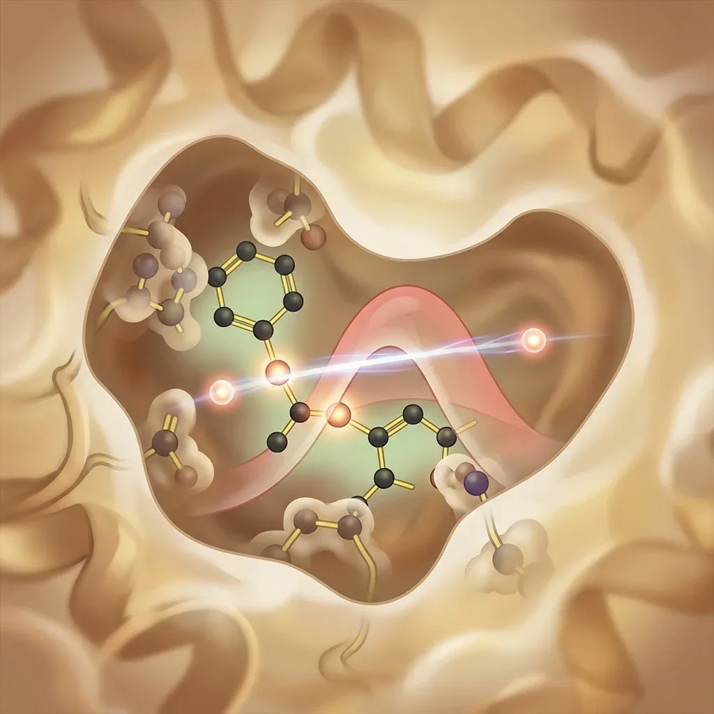 Cross-sectional illustration of an enzyme active site &ndash; a softly rendered protein pocket holding a substrate, with a faint bright streak showing a proton passing through a translucent pale red barrier dome rather than over the top, with the proton visible as two small bright spheres on either side