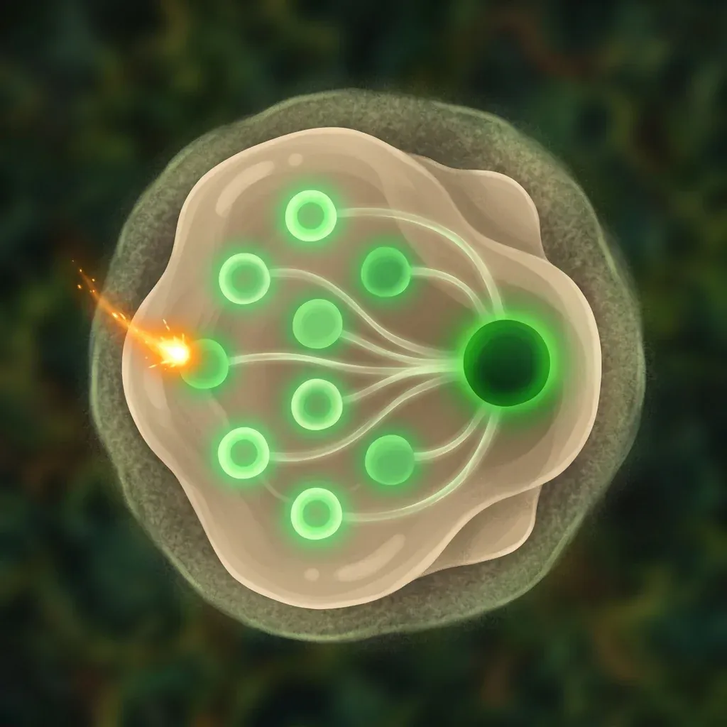Stylised molecular illustration of the FMO protein complex from a top-down angle &ndash; a triangular cluster of seven or eight green chlorophyll-like pigment rings embedded in a translucent beige protein scaffold, with a single bright orange photon arriving at one outer pigment and faint glowing energy-transfer arcs connecting to the central reaction center pigment