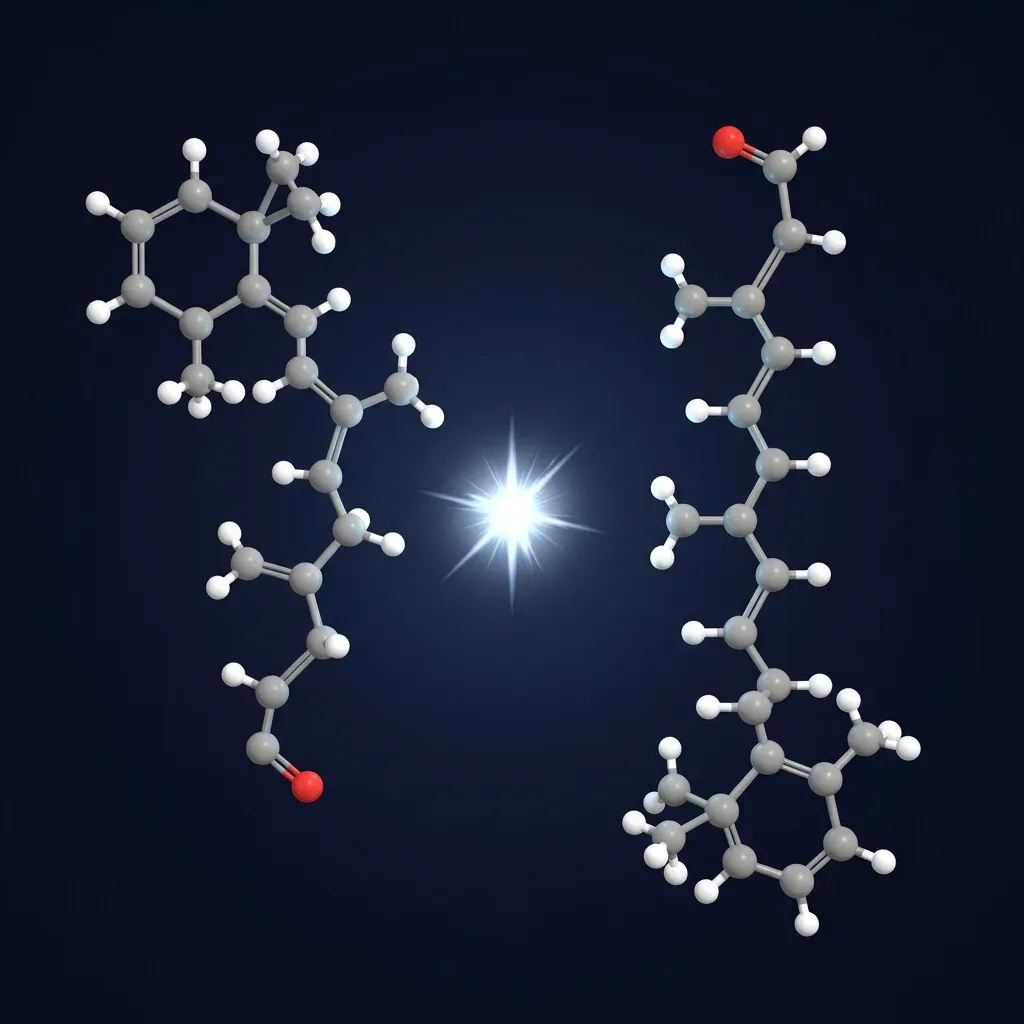 Side-by-side molecular diagram of one retinal molecule &ndash; the bent 11-cis isomer on the left with a kinked carbon backbone, and the straight all-trans isomer on the right, with a single translucent bright spark between them indicating the conical-intersection moment