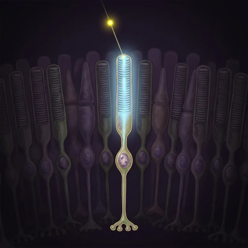 Closeup illustration of a single retinal rod cell oriented vertically, with a single yellow photon descending from above and striking the outer segment at a precise location, triggering a soft cascade of pale blue light propagating down the cell's stack of disc membranes