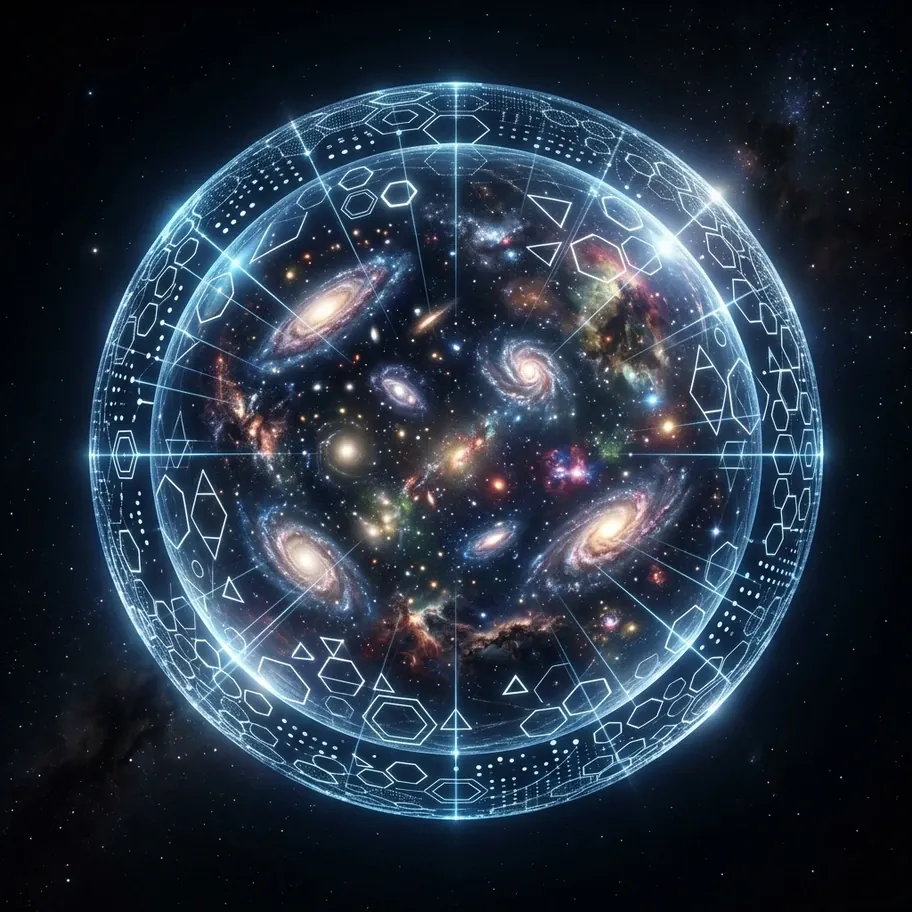 Holographic principle visualization showing 3D volume encoded on 2D boundary surface