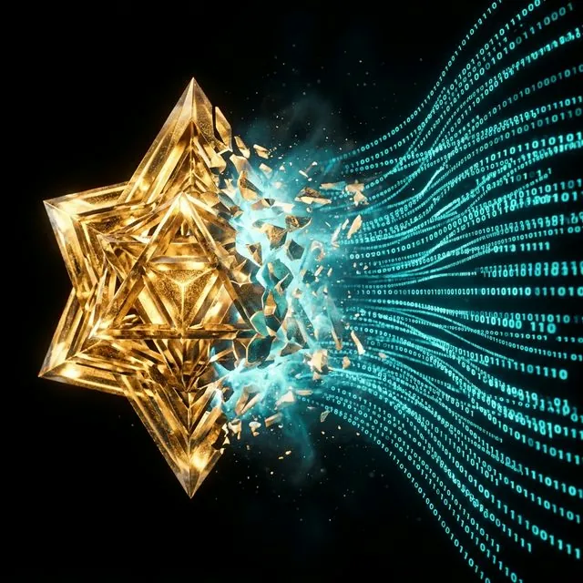 Visual metaphor of physical reality dissolving into pure abstract information
