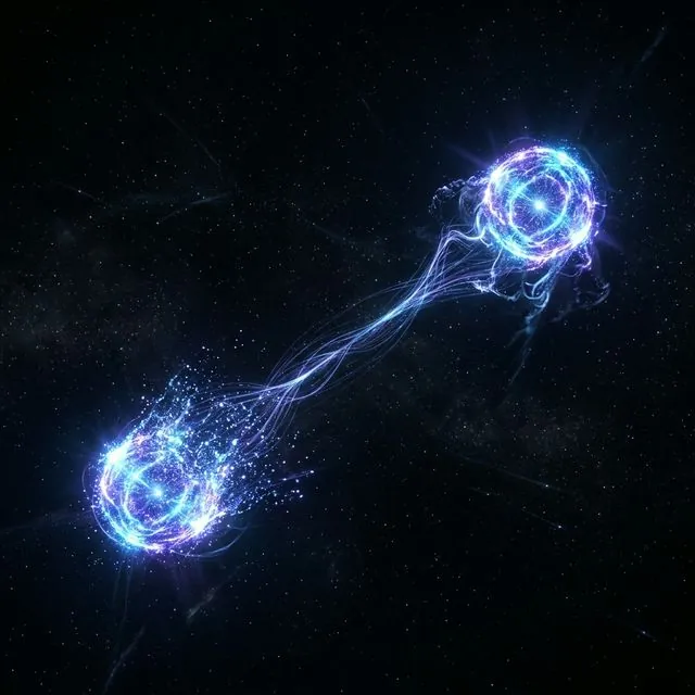 Two entangled particles connected by luminous threads across vast space, one dissolving as the other reforms
