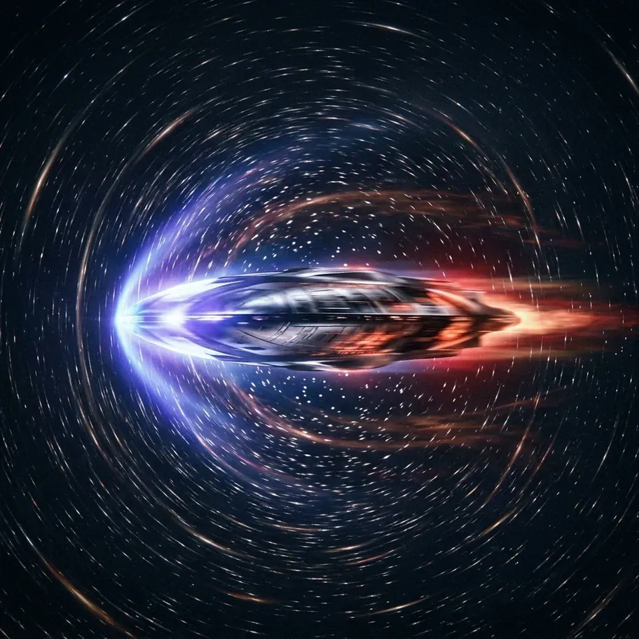 Spacecraft compressed along its direction of motion at near light speed