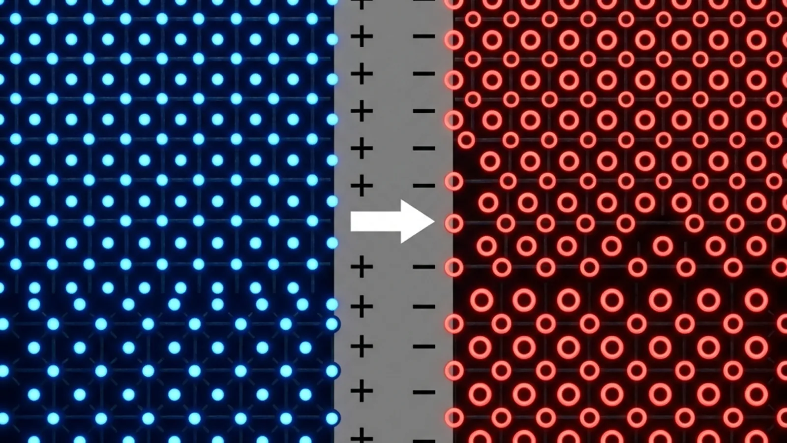 Cross-section illustration of a PN junction: blue n-type region with electrons on the left, red p-type region with holes on the right, a narrow gray depletion zone in the middle with arrows showing carrier diffusion stopped by the built-in electric field