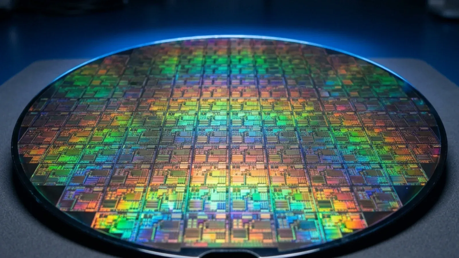A polished circular silicon wafer reflecting iridescent rainbow patterns under cleanroom lighting, showing the grid of identical chip dies etched onto its surface