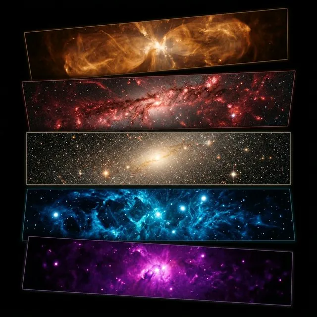 Composite multi-wavelength view of Milky Way center showing radio, infrared, visible, X-ray, and gamma ray data