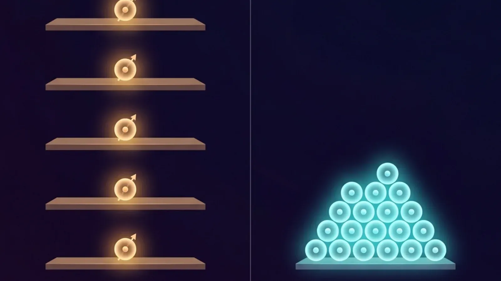 Fermions stacked one per level forming a tall ladder versus bosons all crowded into the lowest level