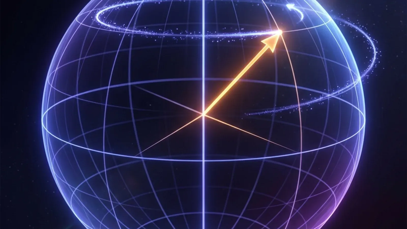 Bloch sphere representation of a single qubit: a vector from the center pointing to any location on the surface of a translucent sphere