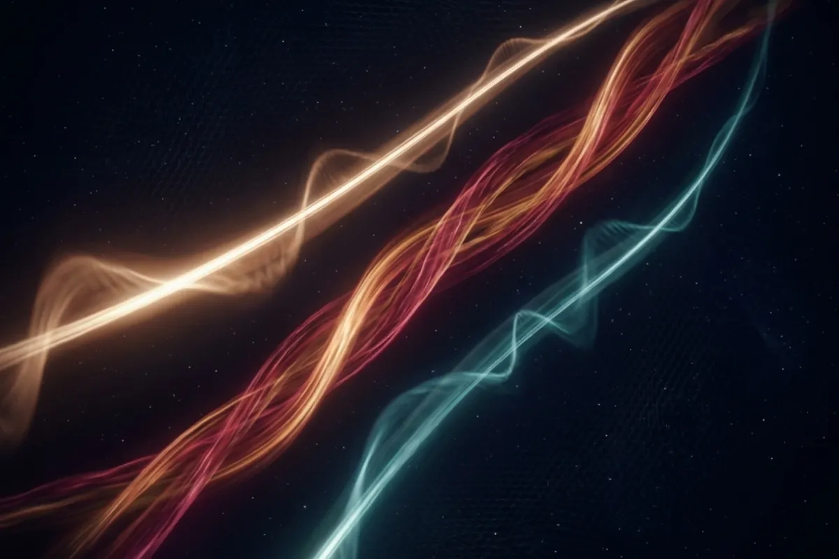 Intense streams of energy rippling through an infinite dark void representing gauge bosons
