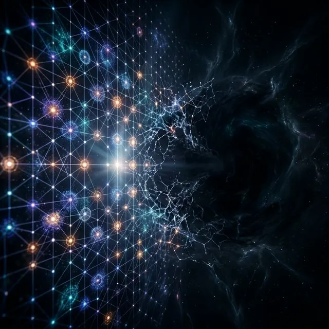 A perfect geometric grid fading into a dark, unstructured vast unknown representing limits of the Standard Model