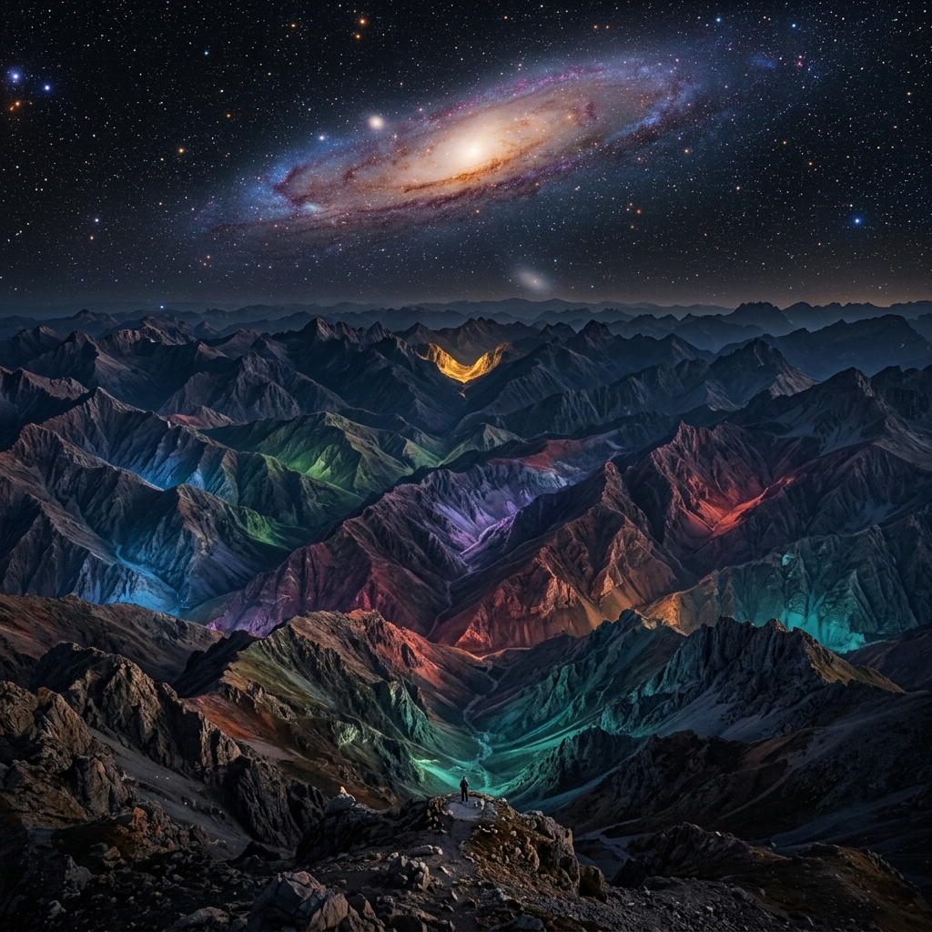 An endless mountainous terrain of countless valleys stretching to the horizon under a dark sky, each valley faintly glowing a different color to signify different physics, with one small distant valley lit warm and gold