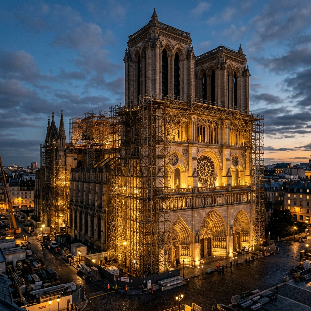An unfinished cathedral at dusk wrapped in glowing golden scaffolding, one section of the stone structure already luminous and complete and visible through the lattice of scaffolding poles, the rest still open sky