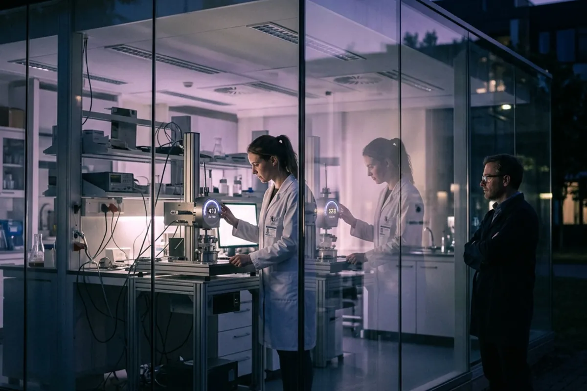 Scientist inside a sealed glass lab observing a quantum measurement while an outside observer sees the entire lab including the scientist as a ghostly superposition of two possible outcomes