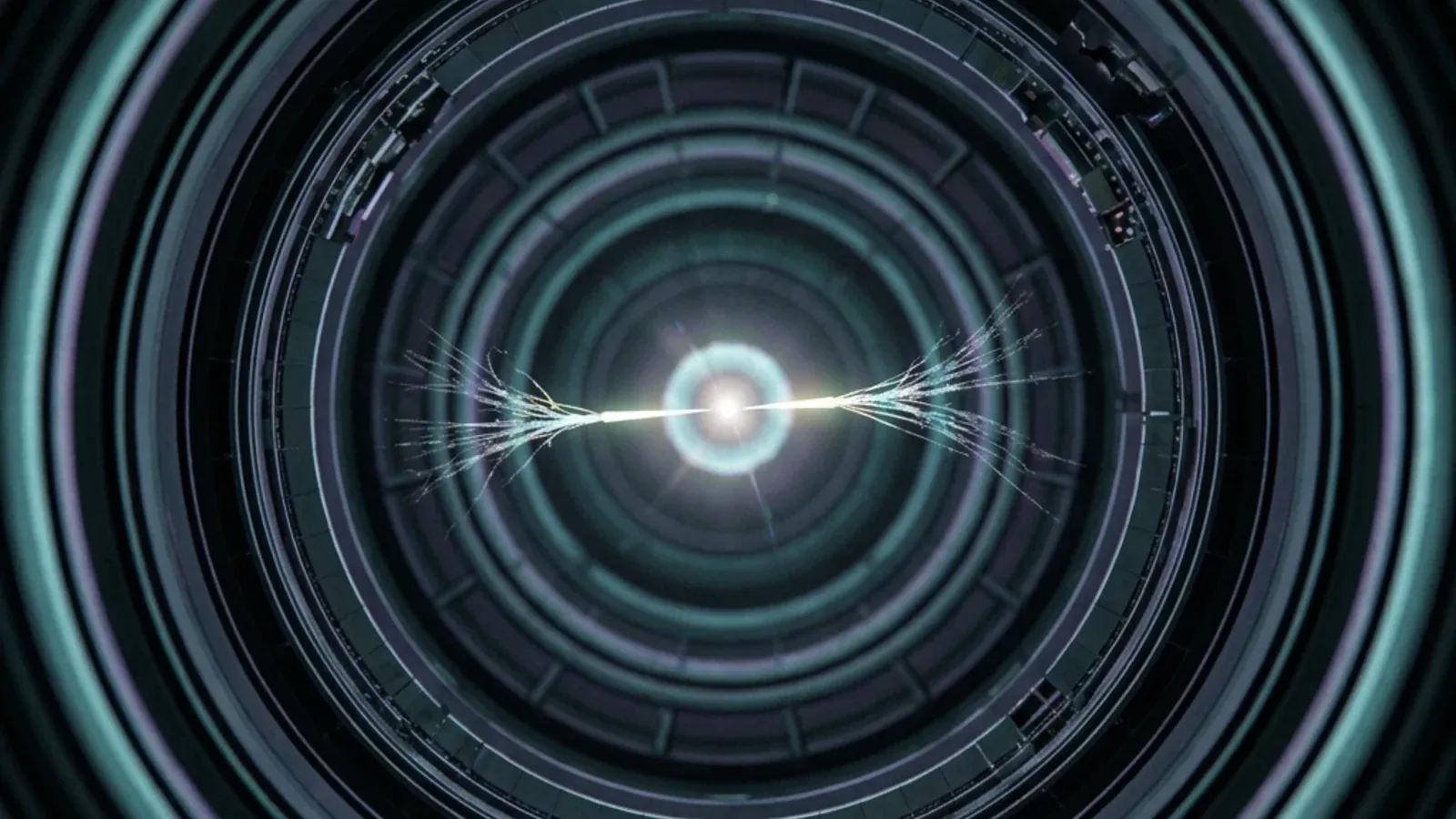 Higgs boson decaying into a tau-antitau pair inside an LHC detector, with subsequent particle sprays