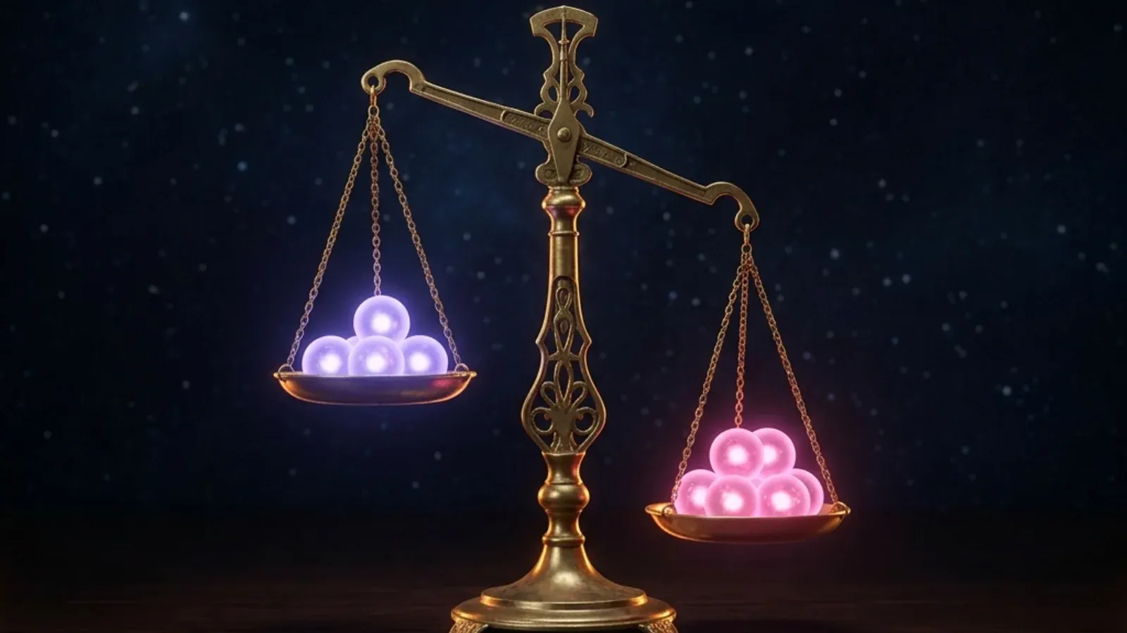 A balanced scale tipping slightly toward the tau side, illustrating the modest excess of tau decays over what the Standard Model predicts