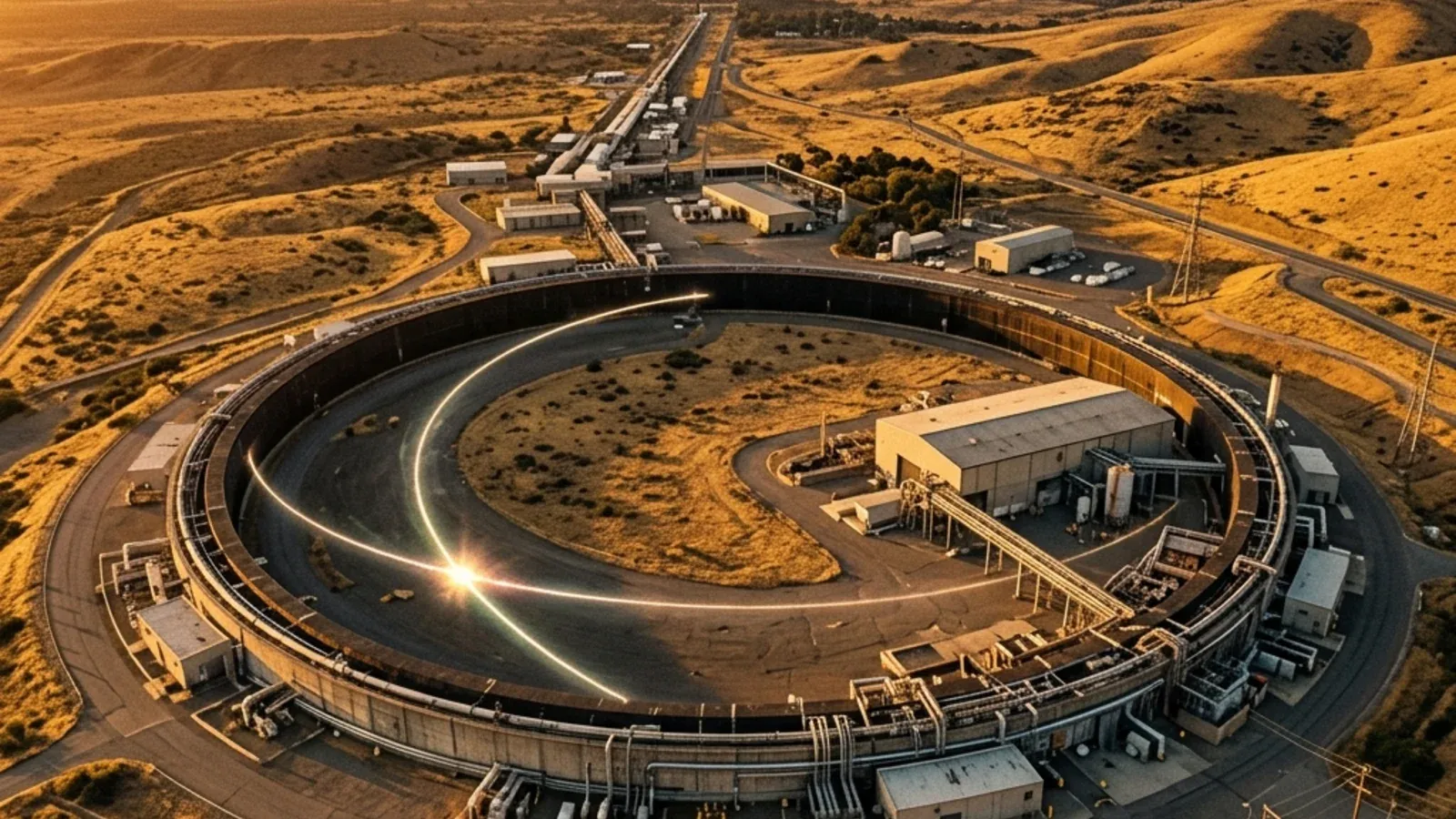 Stylized rendering of the SLAC SPEAR collider ring with an anomalous mu-e event highlighted