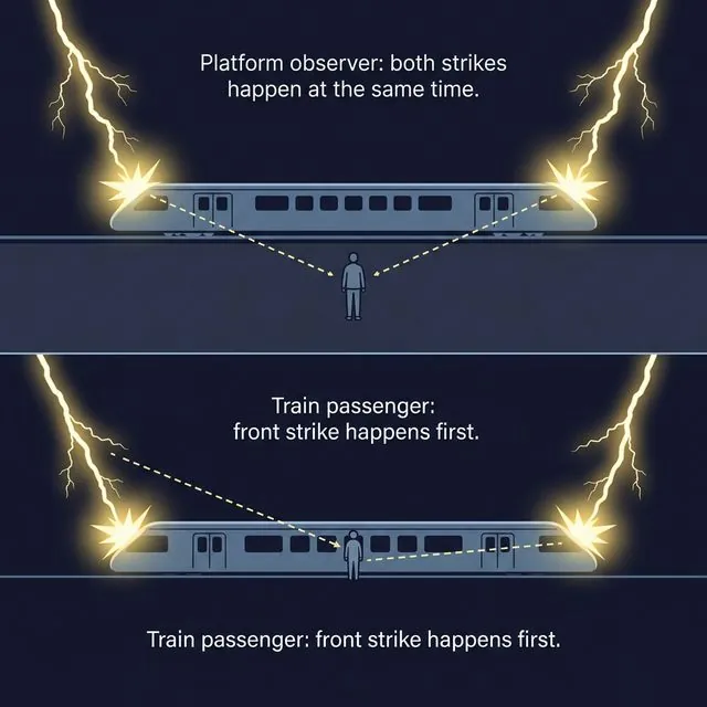 Lightning striking both ends of a moving train: simultaneous for platform observer, sequential for train passenger