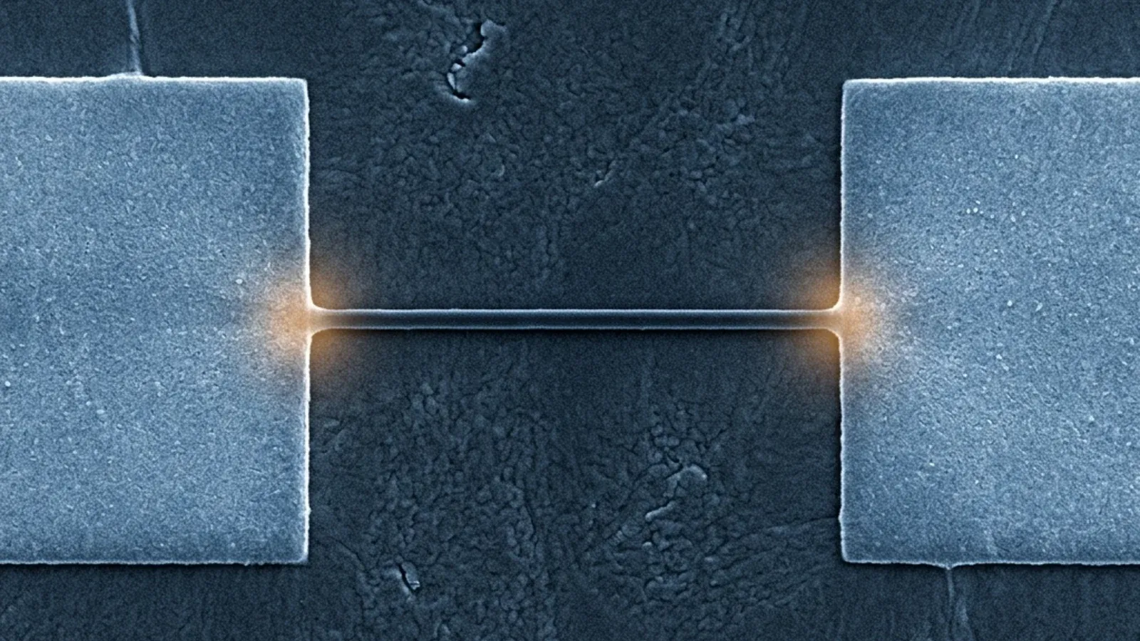 A microscope image of a clean superconducting nanowire device on a chip, with metal contacts at each end and a thin straight wire bridging them